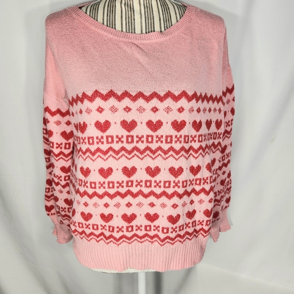 Loft Pink & Red Hearts & XOXO Hugs Kiss Pattern Long Sleeve Sweater Size Medium - Picture 1 of 8